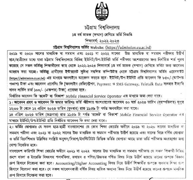 চট্টগ্রাম বিশ্ববিদ্যালয় ভর্তি বিজ্ঞপ্তি ২০২৪ | Chittagong University Admission Circular 2024